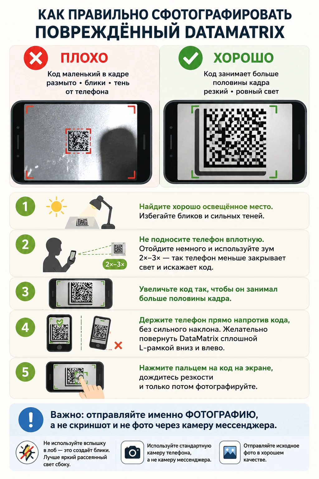Утверждённая памятка: как правильно сфотографировать повреждённый DataMatrix